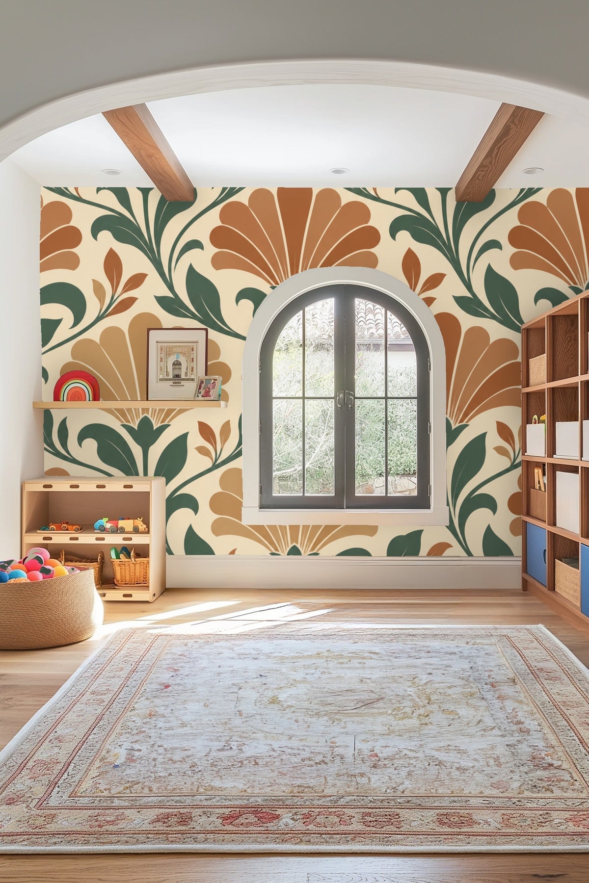 Bedroom with green bedframe against Burnt Sienna Bloom wallpaper with large stylized flowers and leafy stems