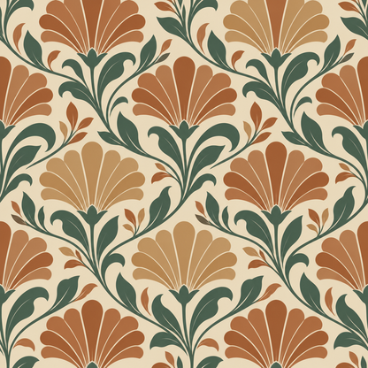 Illustration style pattern repeat of botanical elements in warm earth tones