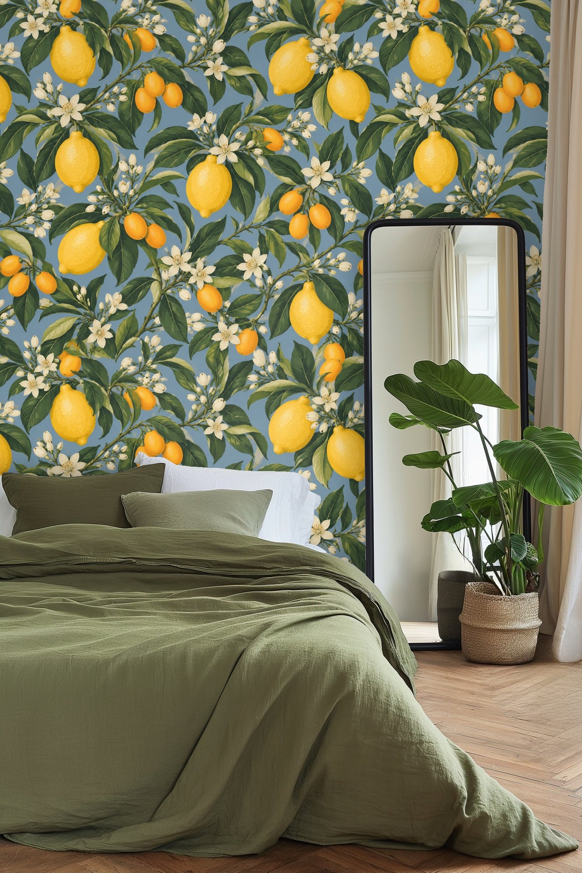 Wallpaper pattern showing kumquat fruits hanging among detailed foliage