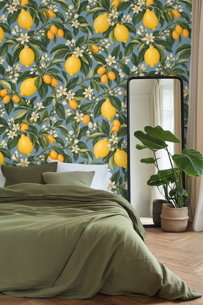 Wallpaper pattern showing kumquat fruits hanging among detailed foliage