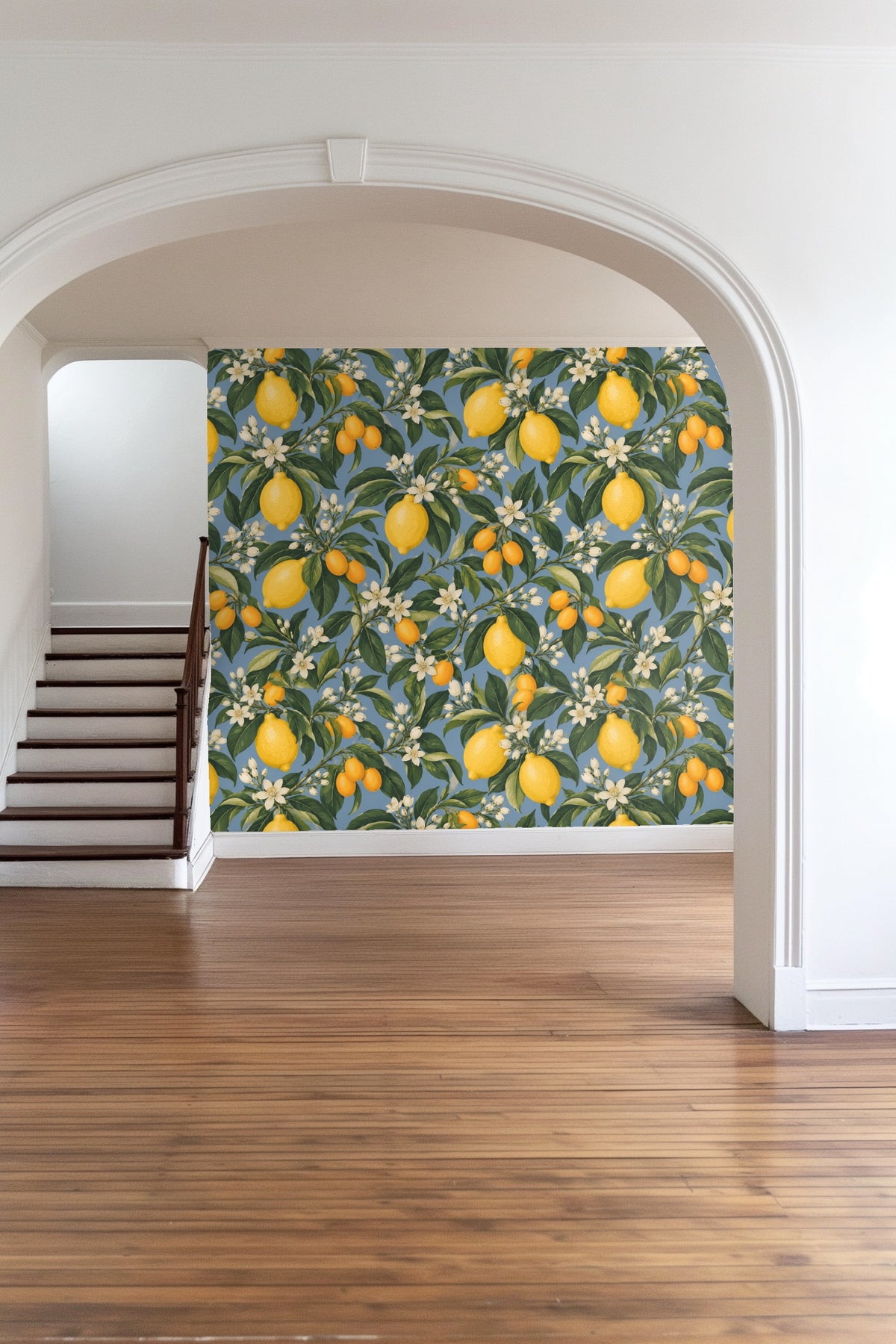 Cluster of delicate white citrus blossoms on wallpaper