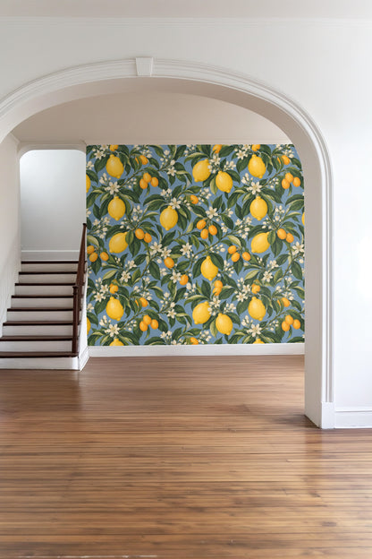 Cluster of delicate white citrus blossoms on wallpaper