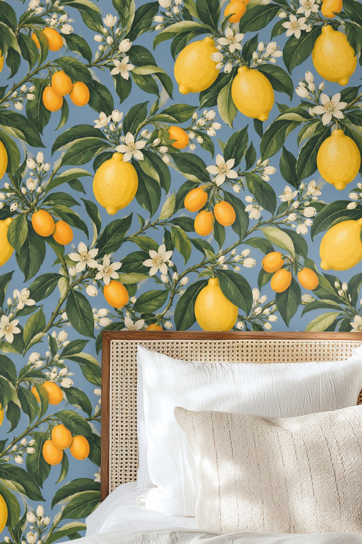 Close-up showing texture and color variation in lemons on wallpaper
