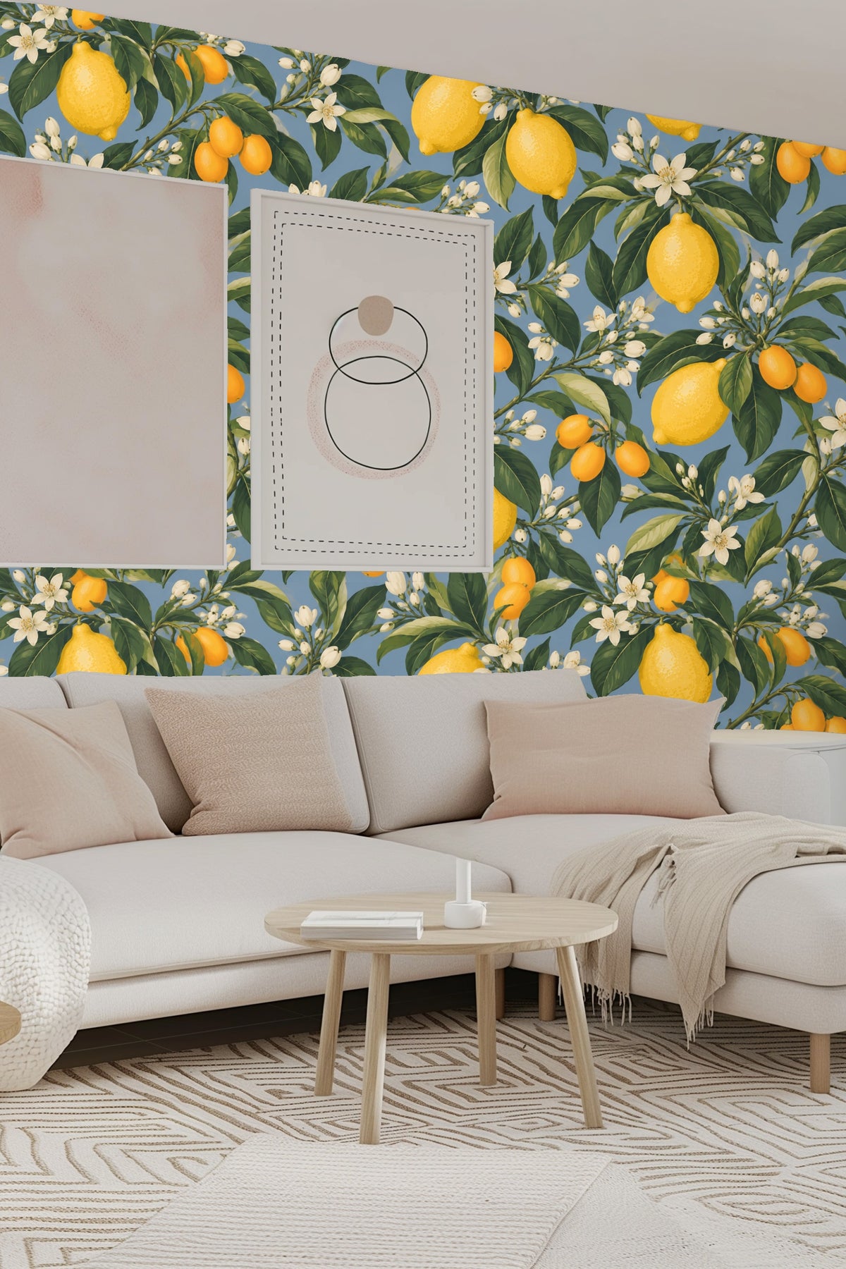 Grouped white flower buds with green leaves on wallpaper