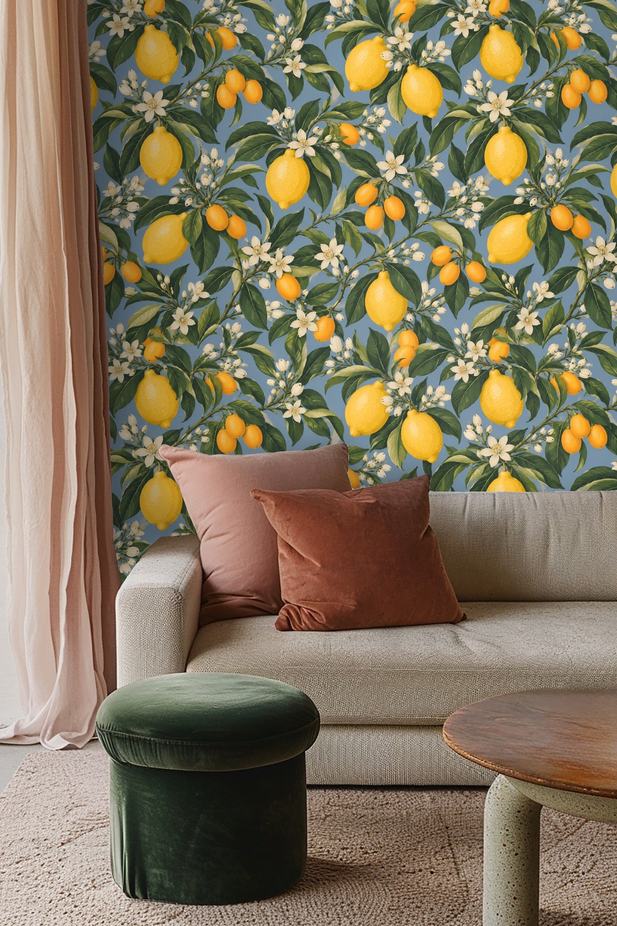 Close-up of wallpaper behind a bed with natural wood headboard and white pillows