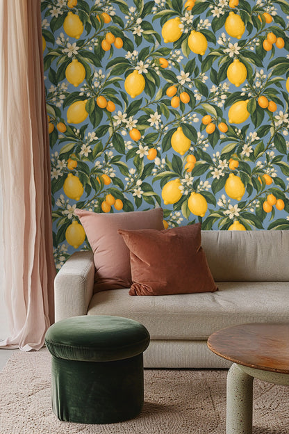 Close-up of wallpaper behind a bed with natural wood headboard and white pillows