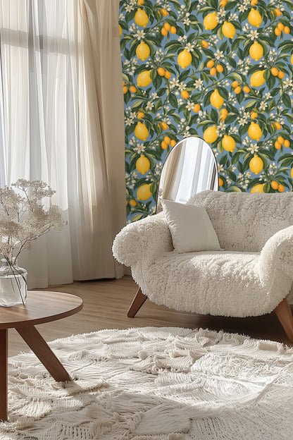 Blue background with detailed botanical leaves and fruit on wallpaper