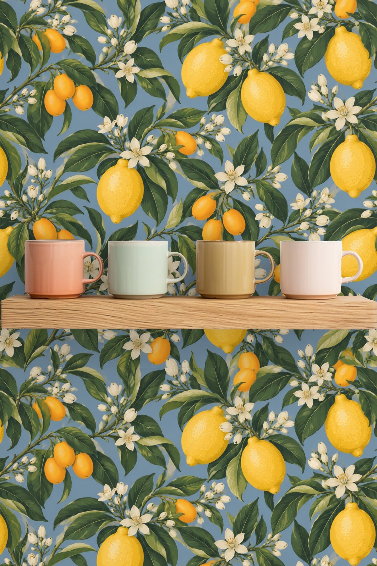 Detail of bright yellow lemons clustered among dark green leaves and white flowers