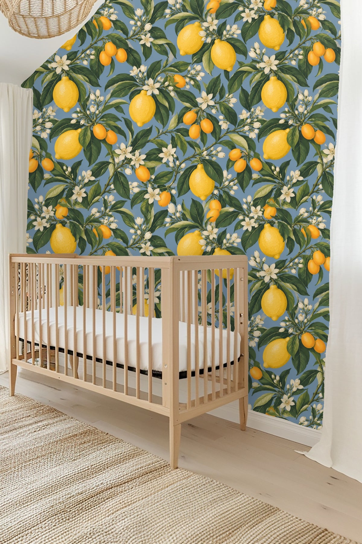 Section showing mix of lemon and kumquat fruit on wallpaper