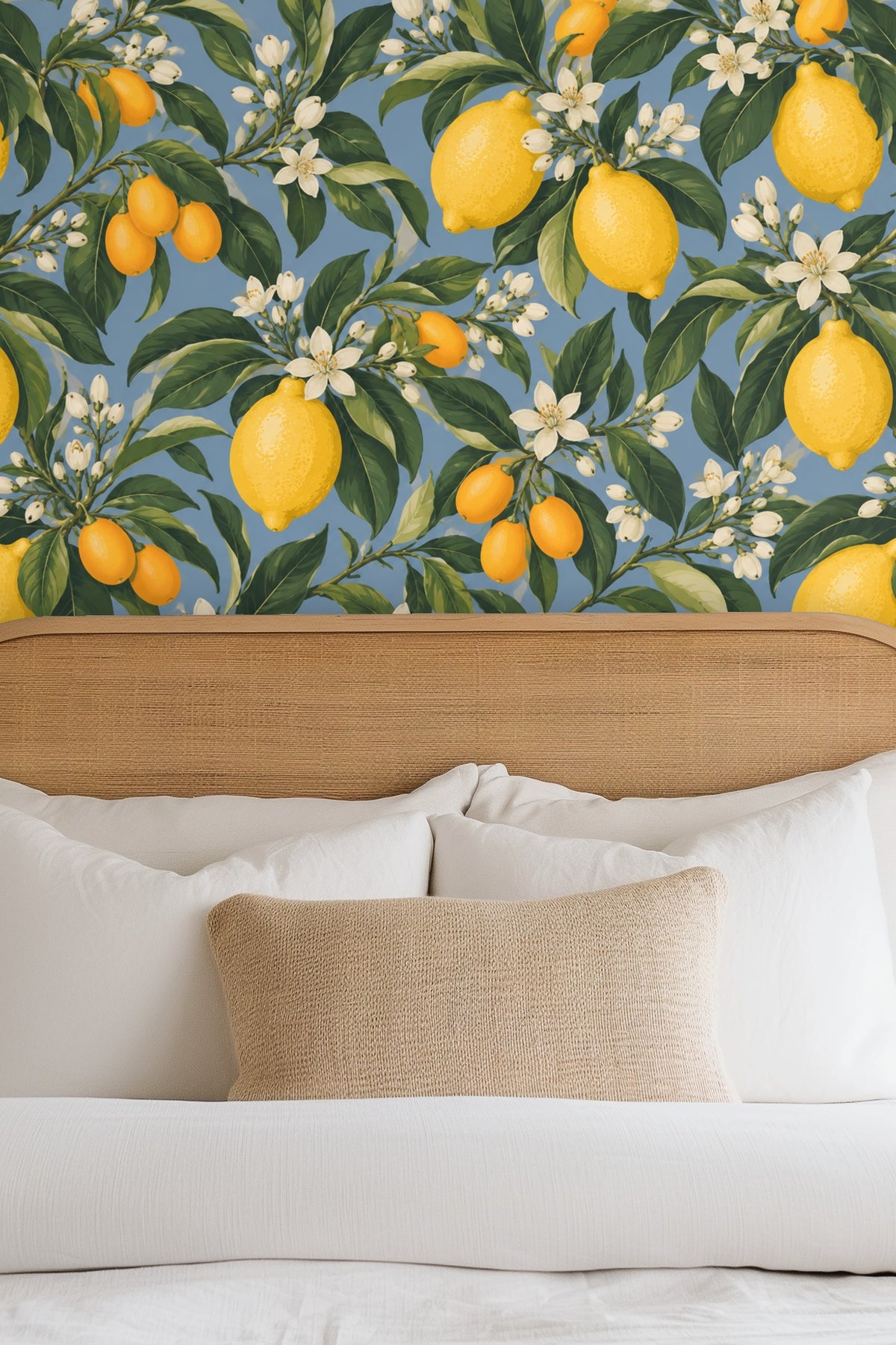 Wallpaper artwork showing detailed yellow lemons, kumquats, white citrus blossoms, and green leaves on blue background