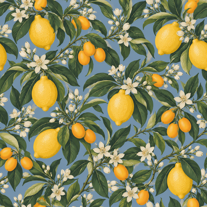 Wall in daylight showing the full pattern scale with lemons and blossoms