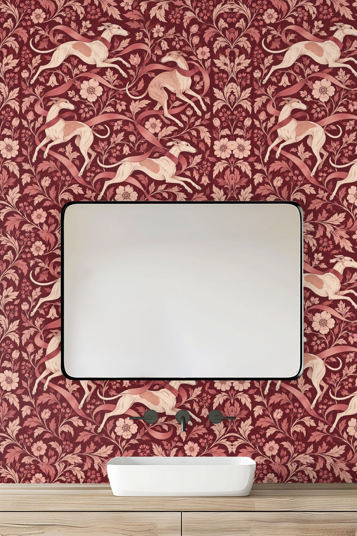 Section of wallpaper showing four slender dogs positioned diagonally in a repeating pattern.
