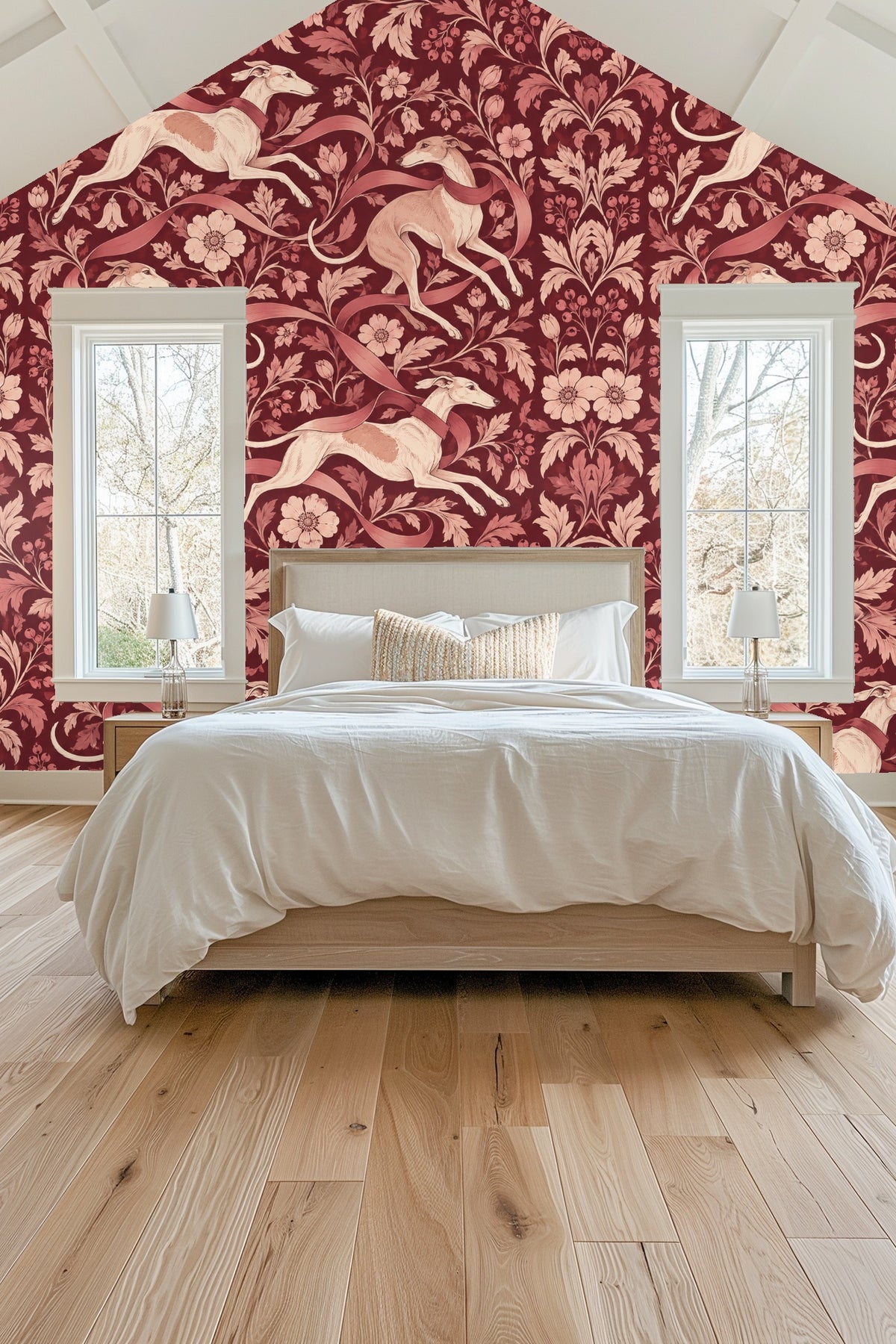Bedroom wall covered with burgundy floral and whippet wallpaper behind a neutral bed
