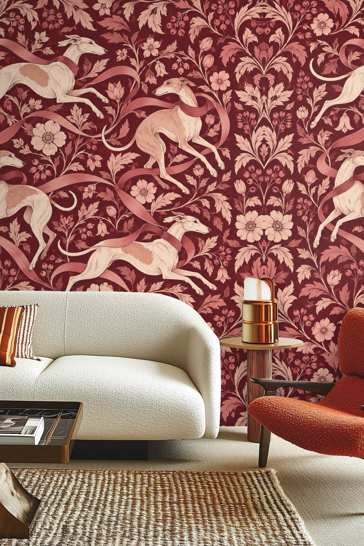 Bedroom wall covered in burgundy floral and greyhound wallpaper, with a green upholstered headboard and beige pillows.