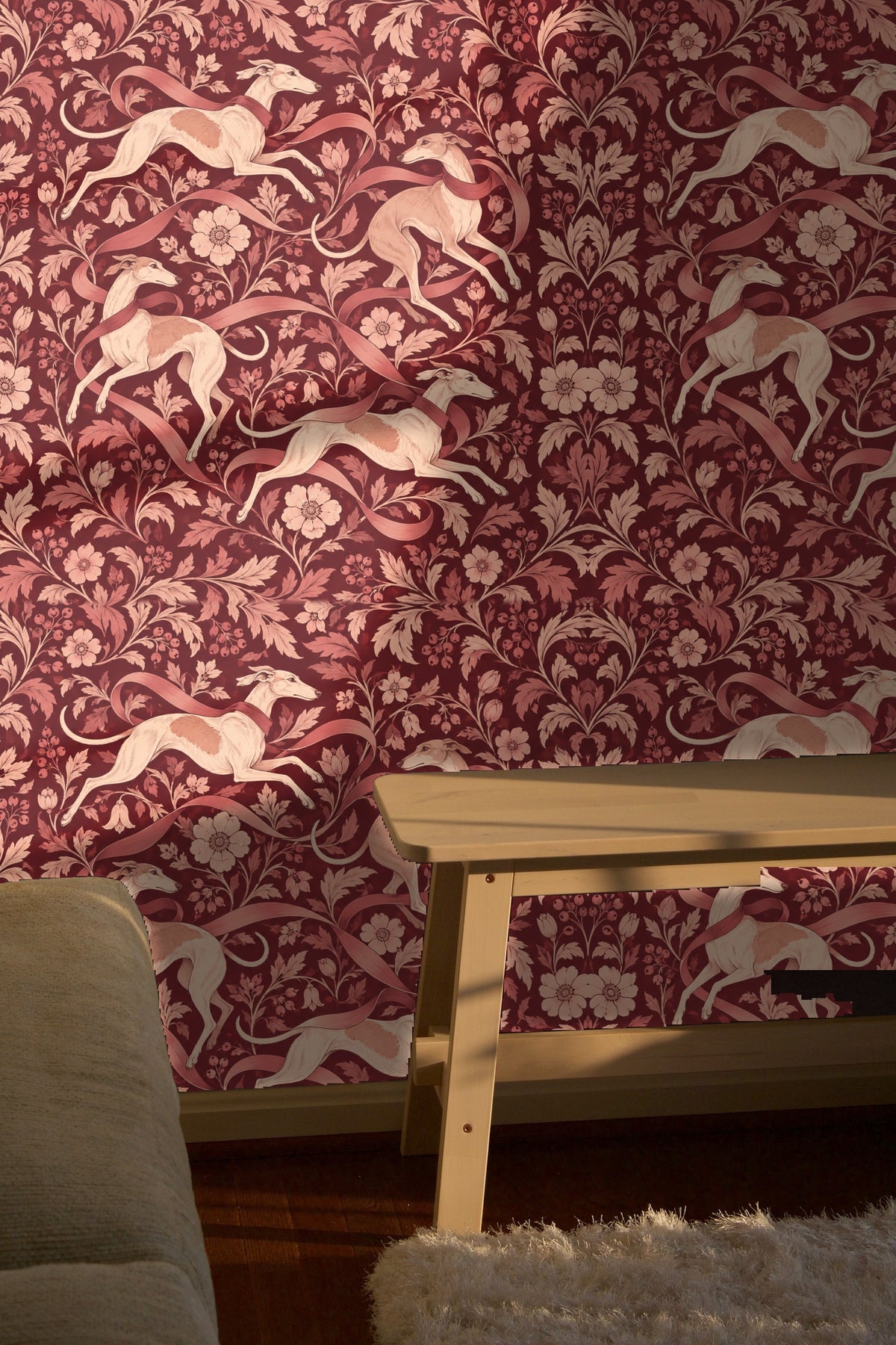 Richly layered floral wallpaper with dog silhouettes and curling ribbons