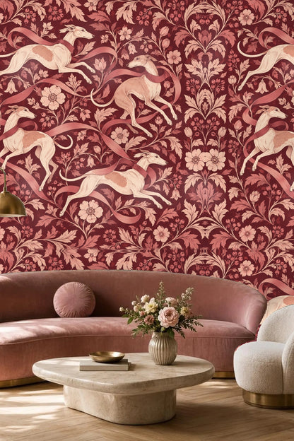 Decorative wallpaper pattern with whippets and floral vines in burgundy and rose tones