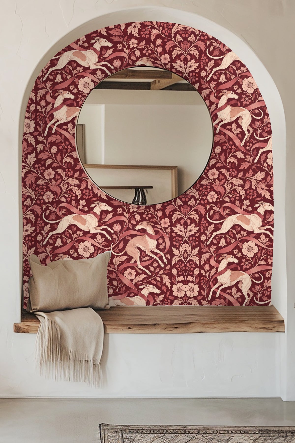 Classic style wallpaper combining animal and botanical motifs in warm red hues