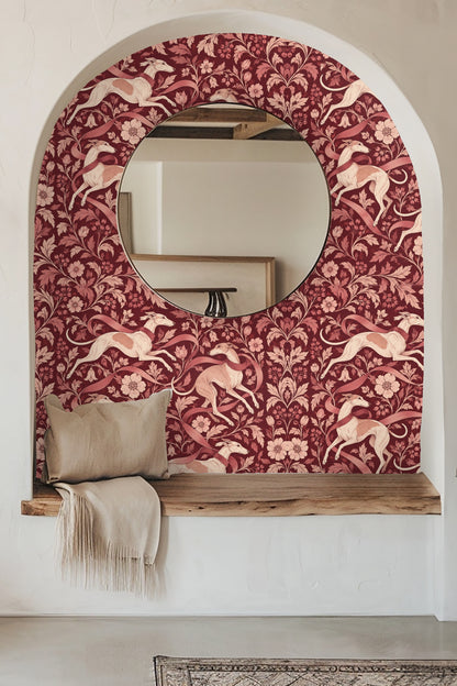Classic style wallpaper combining animal and botanical motifs in warm red hues