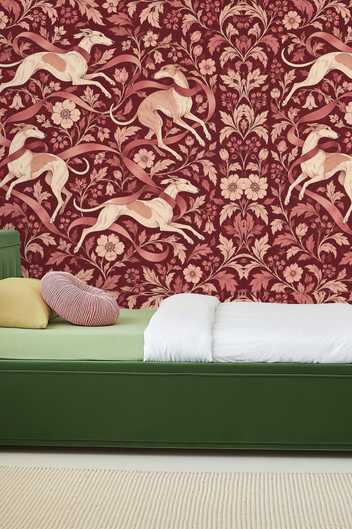 Wallpaper detail showing varied foliage shapes and berry sprigs.
