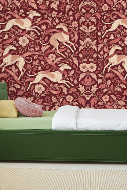 Wallpaper detail showing varied foliage shapes and berry sprigs.