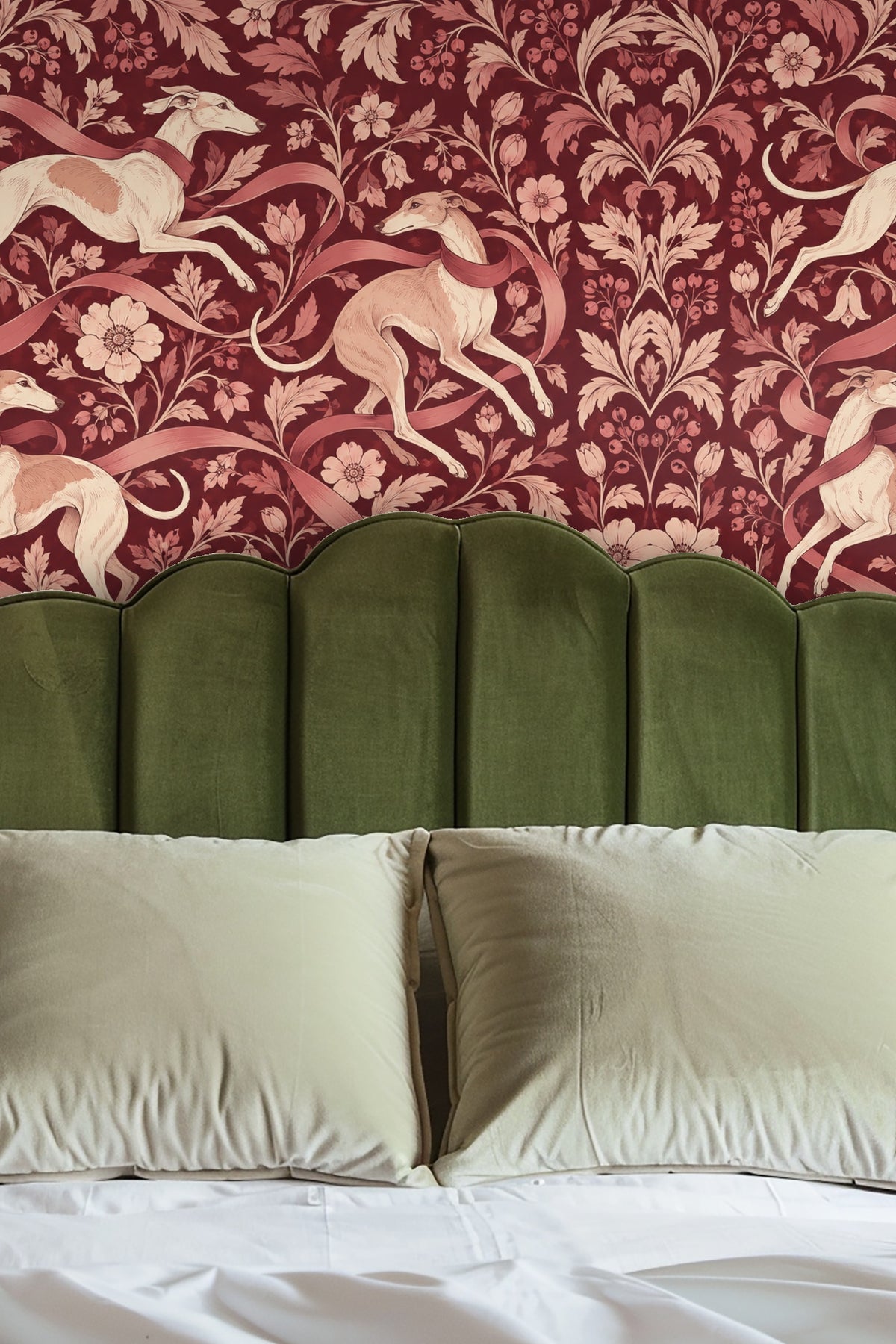 Living room with crimson floral greyhound wallpaper behind a neutral beige sofa and wooden coffee table.