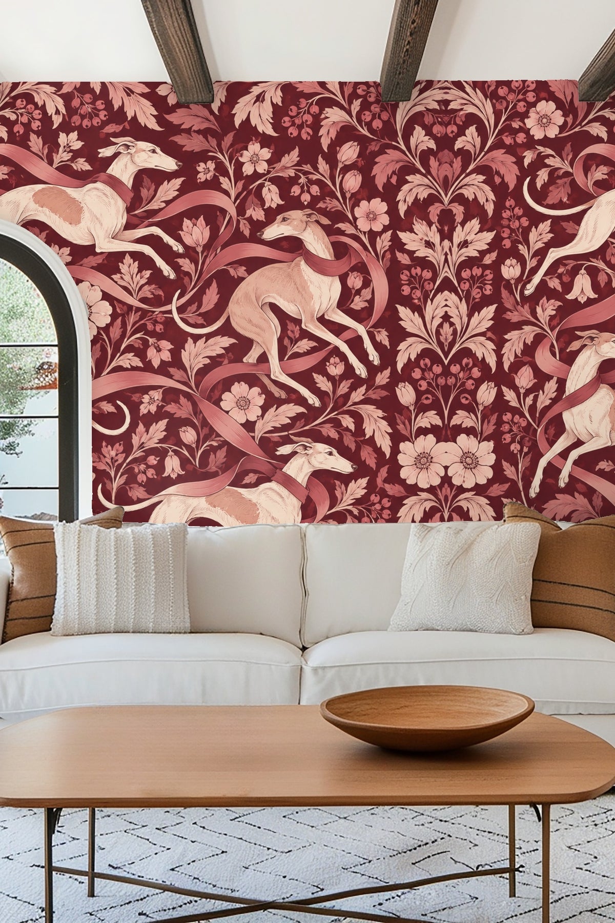Wide-angle shot of wallpaper repeating pattern showing all elements in balance.