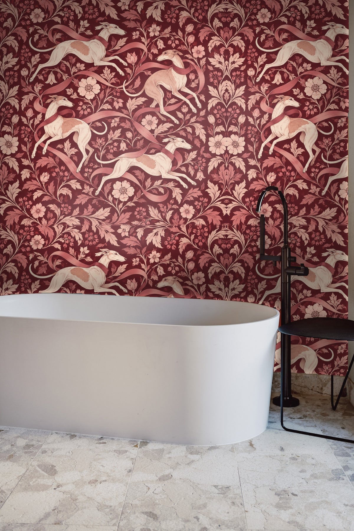 Detailed botanical elements in shades of rose and burgundy with dog motifs
