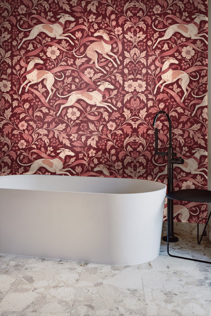 Detailed botanical elements in shades of rose and burgundy with dog motifs