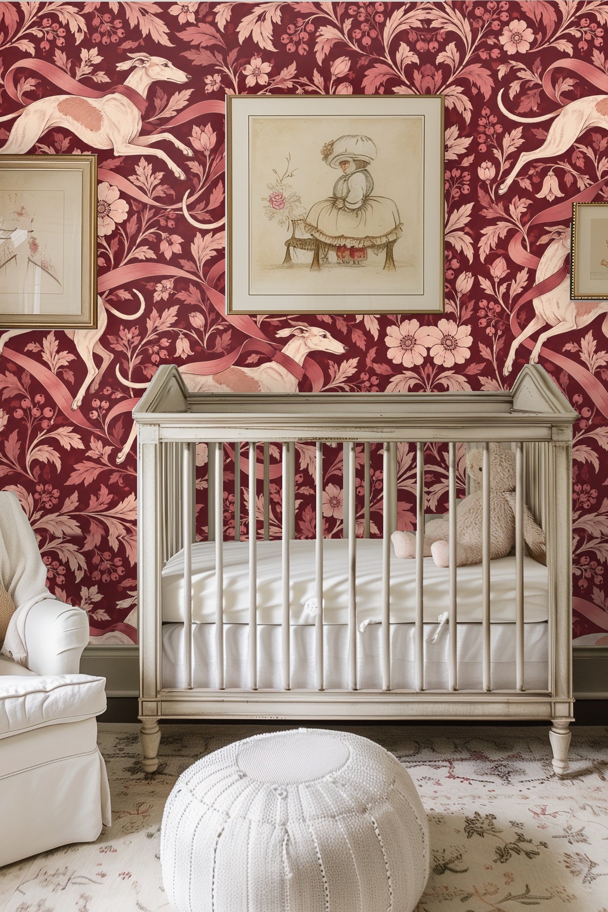 Living room with burgundy floral whippet wallpaper behind a curved sofa and marble table