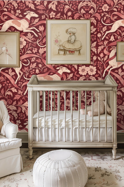 Living room with burgundy floral whippet wallpaper behind a curved sofa and marble table