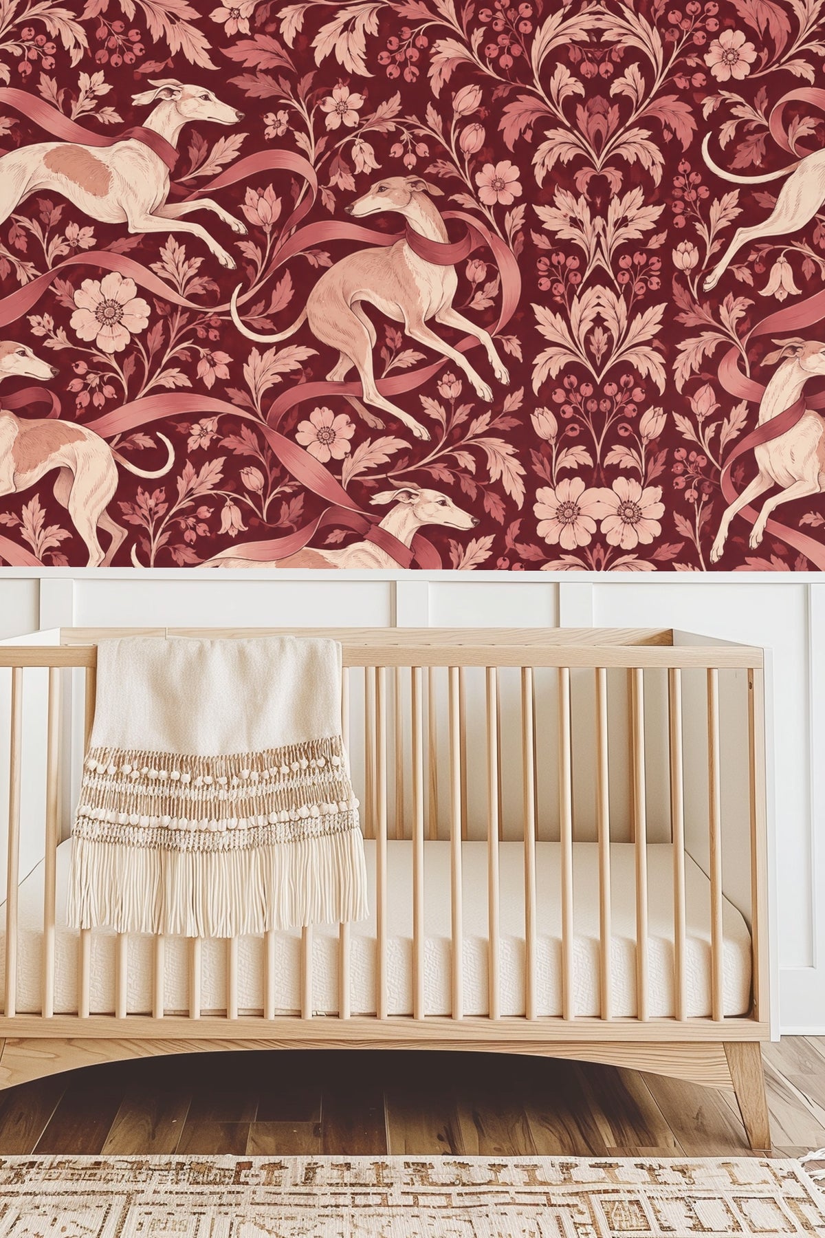 Partial view of wallpaper with blooming bell-shaped flowers and twisting vines.