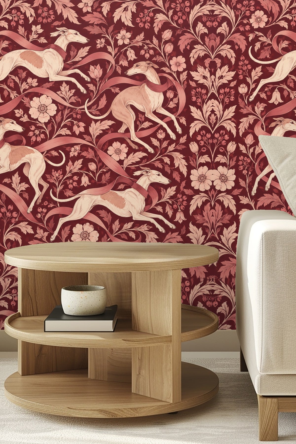 View of wallpaper highlighting rose blossom clusters and textured leaf details.
