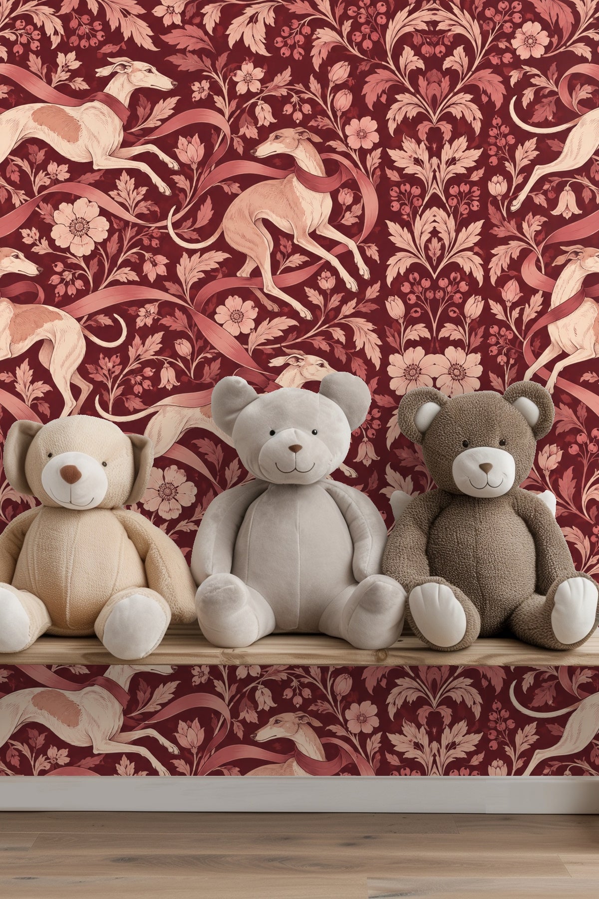 Close-up detail of the burgundy wallpaper showing hand-drawn greyhounds wrapped in flowing ribbons.