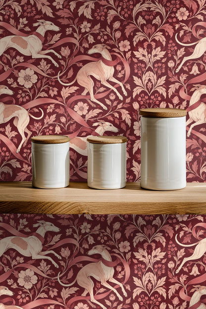 Overlapping ribbons fluttering among flowers and whippets in wallpaper design
