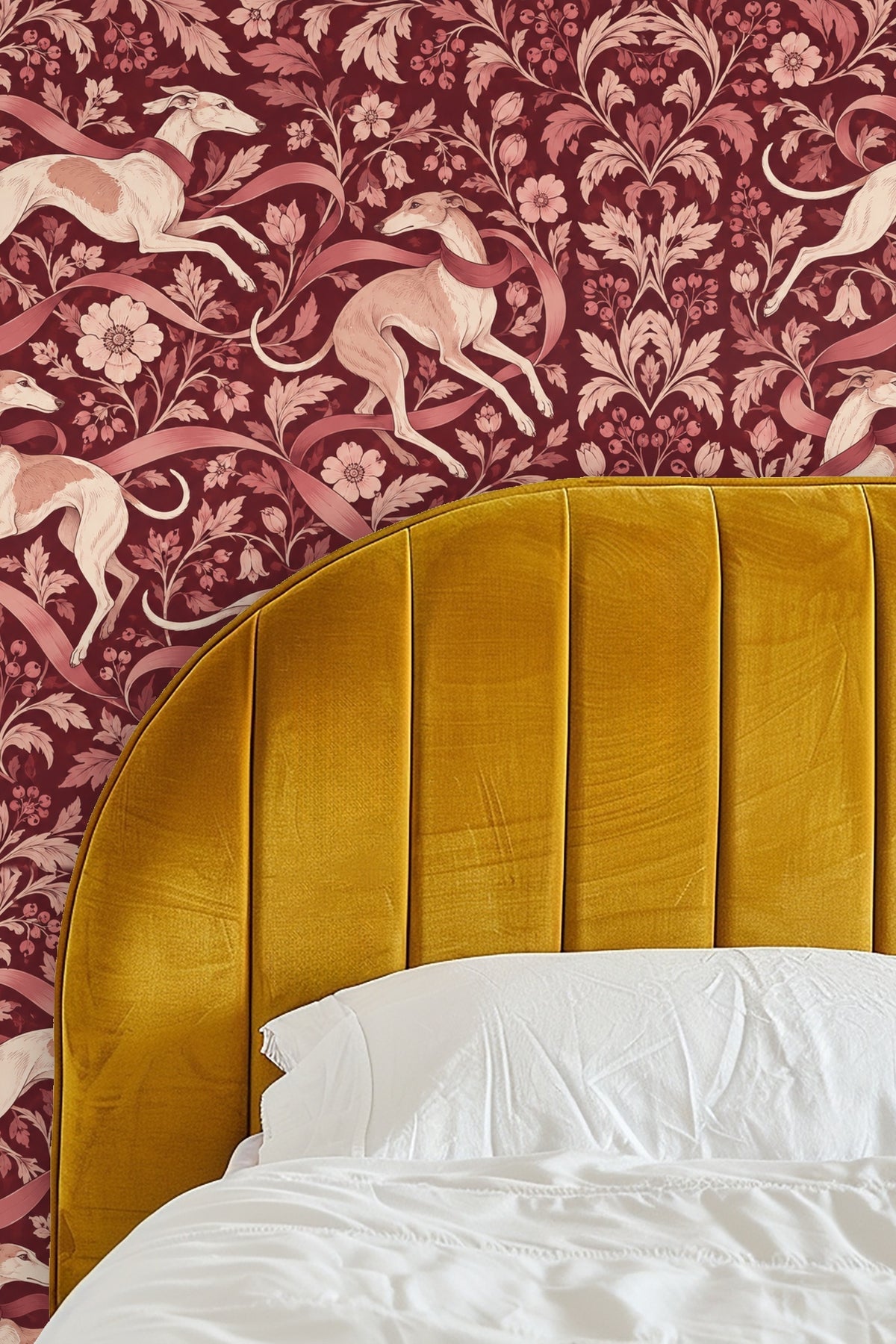 Elegant line work defining dog fur and floral leaves on dark red background