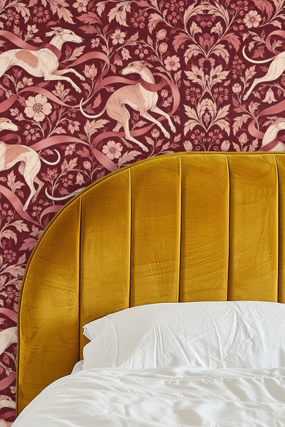 Elegant line work defining dog fur and floral leaves on dark red background