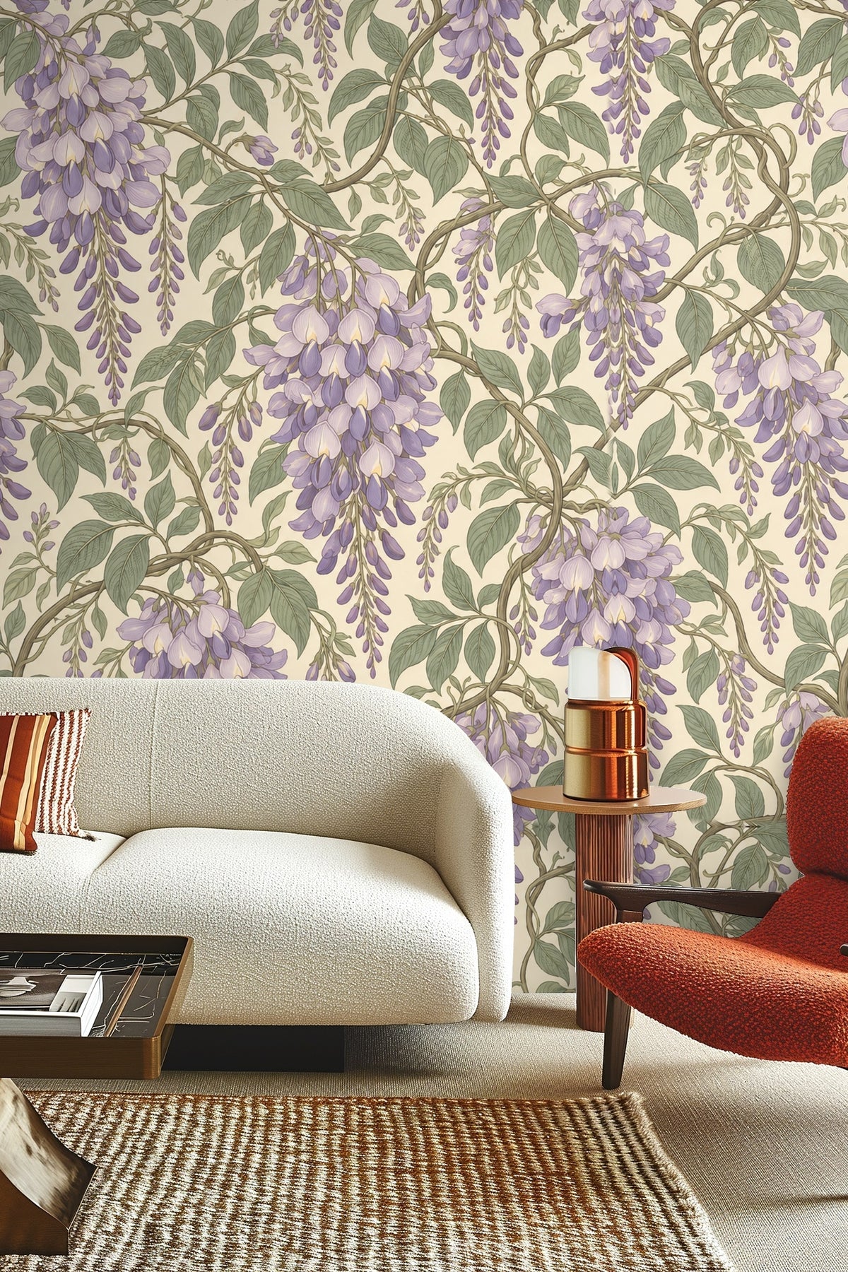Wide view of Wisteria Cascade wallpaper in a cozy corner, showing cascading purple blooms and twisting vine pattern