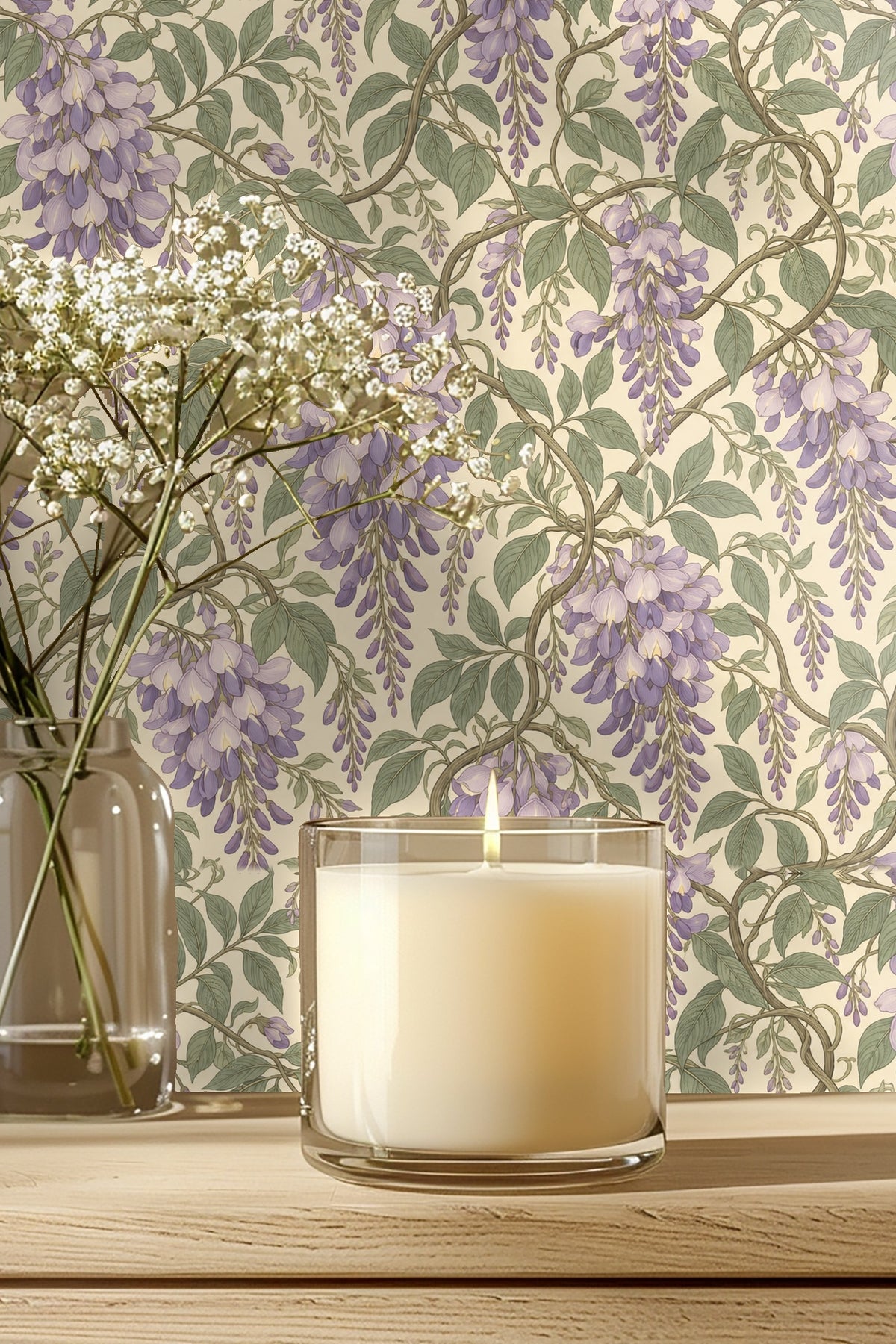 Entryway wall decorated with Wisteria Cascade wallpaper behind an arched mirror and wood bench with beige cushion