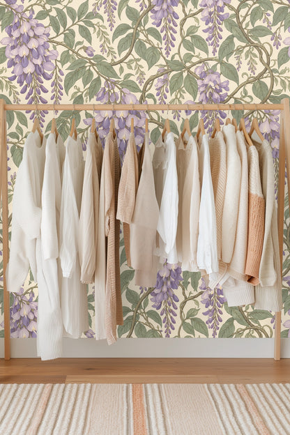 Wallpaper installation showcasing the overlapping clusters of wisteria flowers in soft purples