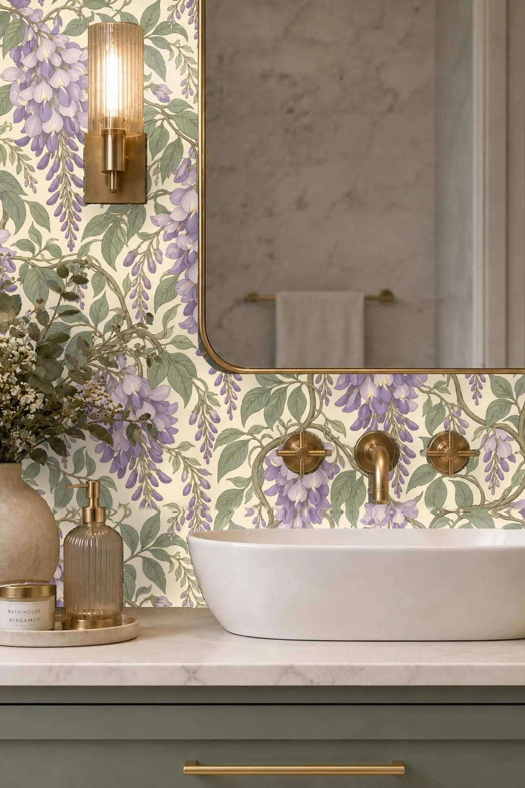 View of wallpaper with natural light highlighting the muted tones and botanical texture