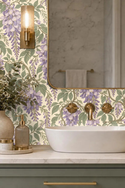 View of wallpaper with natural light highlighting the muted tones and botanical texture
