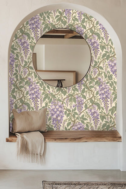 Detailed artwork of wisteria clusters with lavender petals and curling green vines on cream background