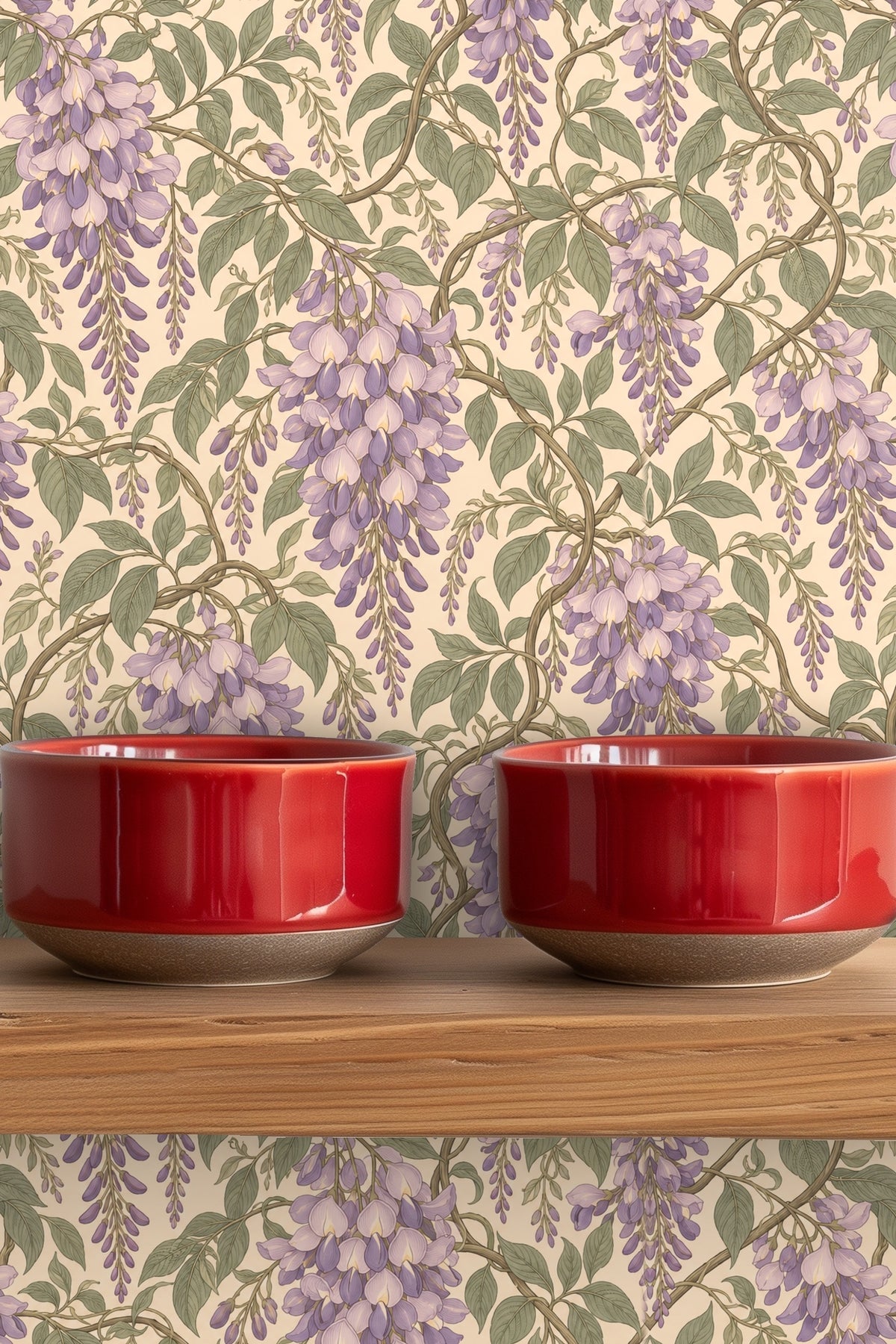Portion of wallpaper showing intertwining vine loops and hanging flower clusters