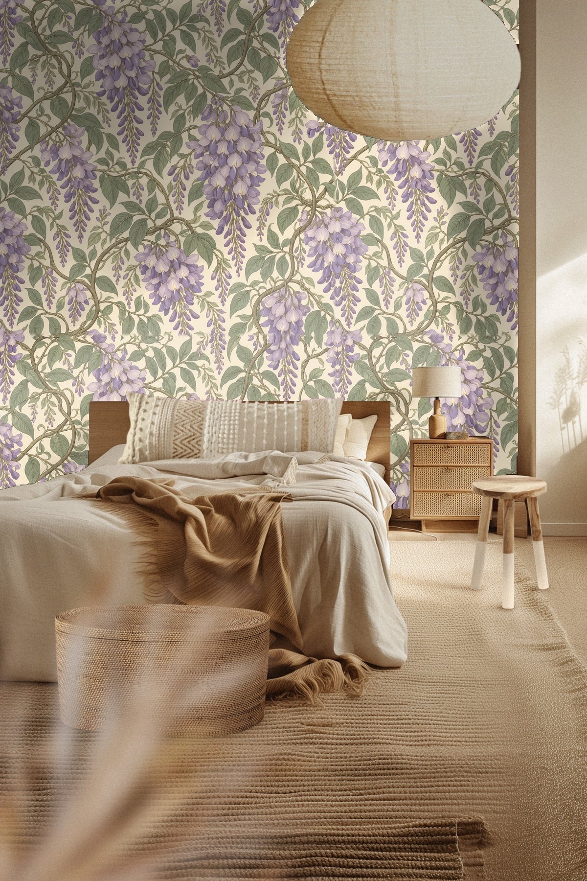 Environmental photo showing wallpaper as a backdrop for neutral decor elements