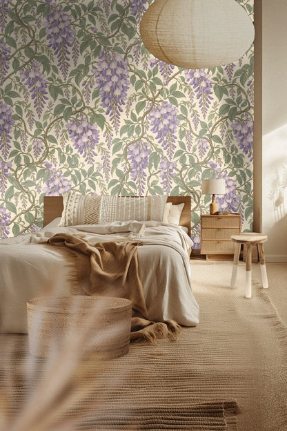 Environmental photo showing wallpaper as a backdrop for neutral decor elements