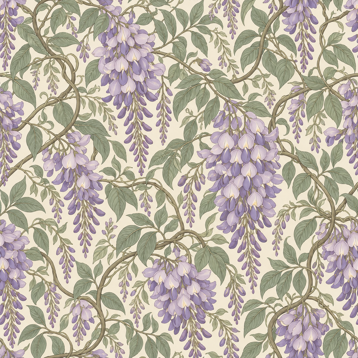 Partial view focusing on curling vine tendrils and their subtle shadowing on wallpaper