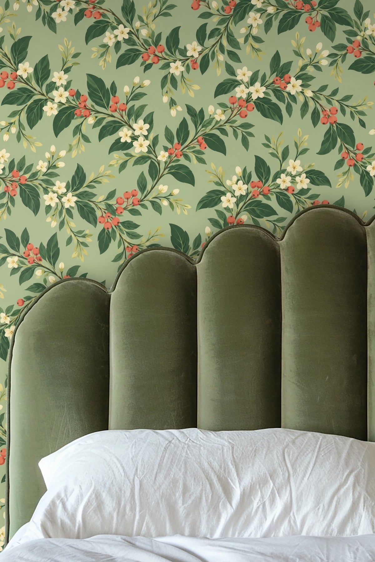 Overhead perspective of subtle leafy wallpaper design with berries