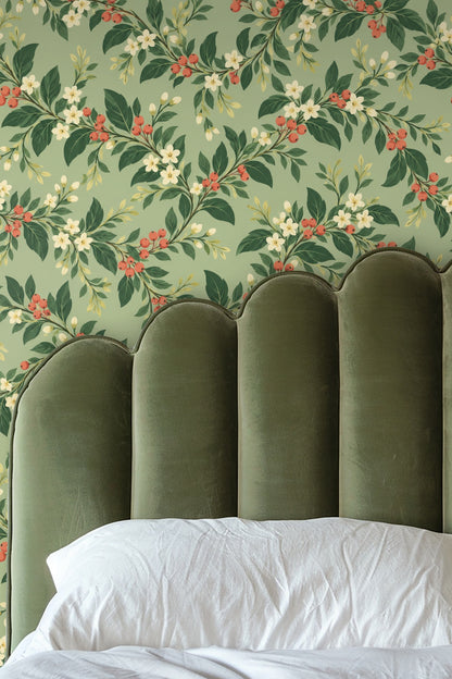 Overhead perspective of subtle leafy wallpaper design with berries