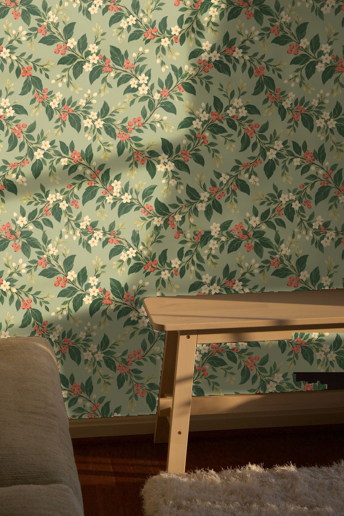 Neutral coordinating décor elements paired with Cottageberry Garland wallpaper