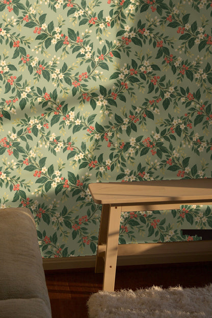 Neutral coordinating décor elements paired with Cottageberry Garland wallpaper